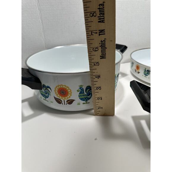 Vtg Lot 3 Enamel Stock Pots Rooster & Poppy Flower 60s‎ 70s Saucer Fry MCM RARE - Picture 11 of 15